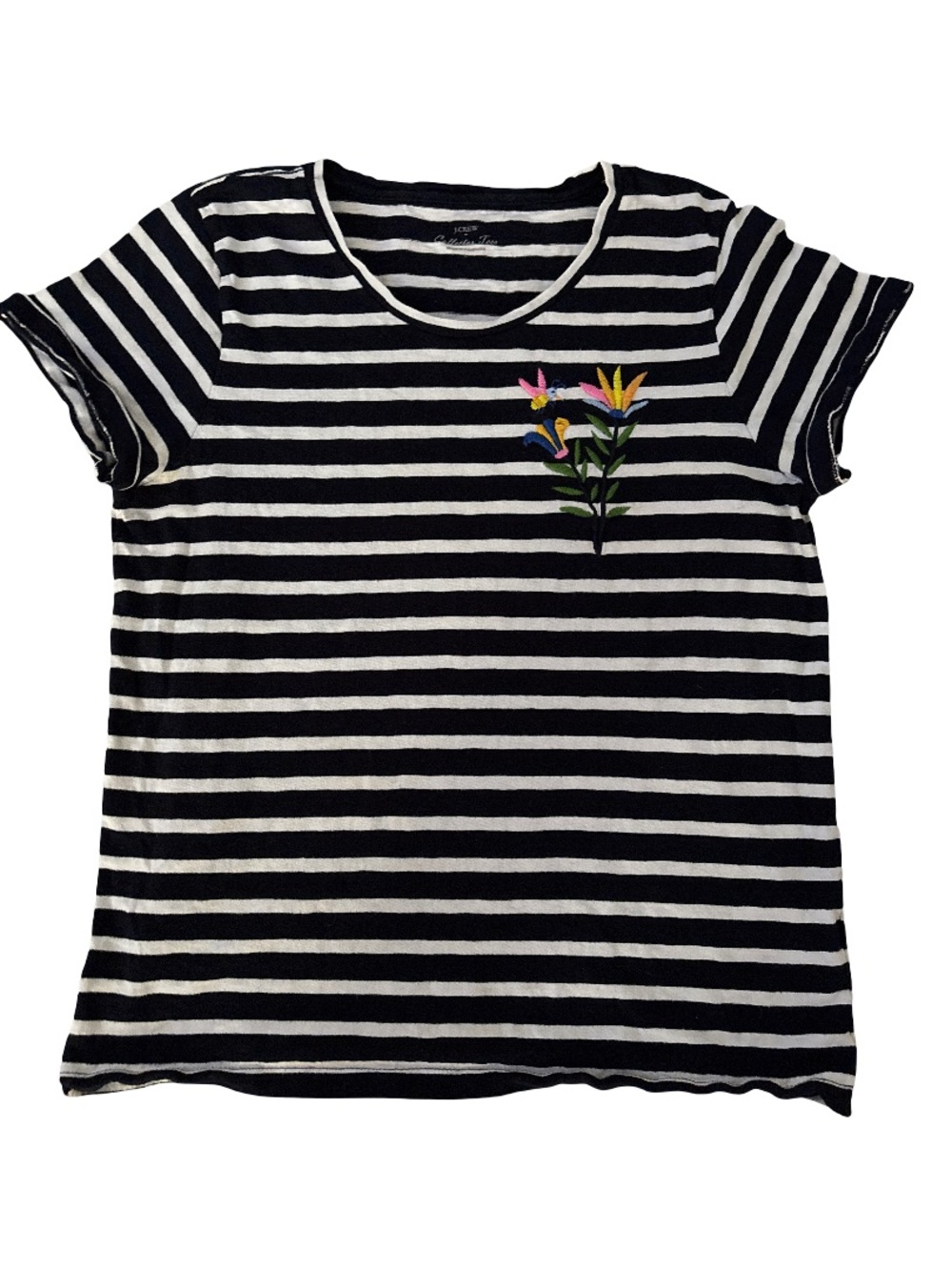 J. Crew Navy & White Striped Tee with Floral Embroidery